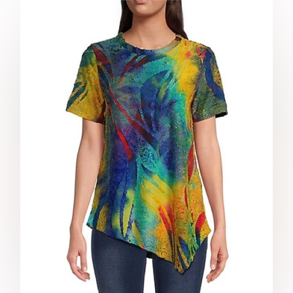 Calessa Colorful Abstract Top Short Sleeve Tie Dye Asymmetrical Hem Artsy Small